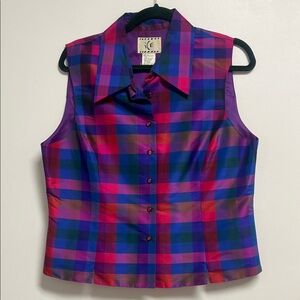 Ice Vintage Blue Purple Pink Multicolor Plaid Checkered Sleeveless Blouse Large